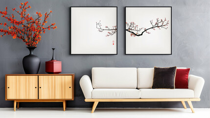 Wall Mural - Sofa with modern decor and interior design showcasing artistic elements and stylish furniture