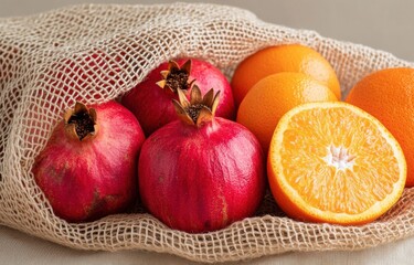 Top view of eco-friendly net bag filled with fresh pomegranates and oranges on soft fabric