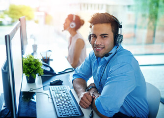 Aufkleber - Happy businessman, portrait and call center for customer service, support or telemarketing at office. Friendly man person, consultant or agent with smile on computer for online advice in contact us