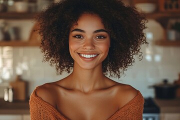 Healthy woman standing in the kitchen and smiling, Generative AI