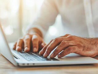 A person types on a laptop in a bright environment, focusing on work with hands partially covered in sand, suggesting a beach or outdoor setting.