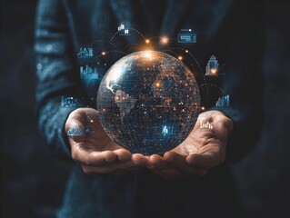 Poster - Businessman Holding a Global Globe with Orbiting Financial Assets Symbolizing Diversified Investment