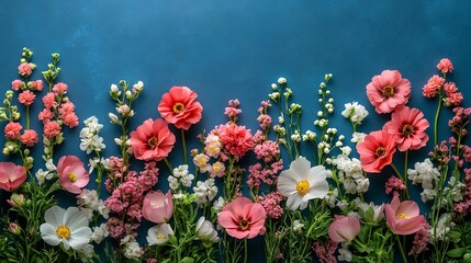 Poster - Fresh spring flowers arranged a solid blue background perfect for a Women's Day card The selective focus and open space at the top create a warm inviting design with room for personalized text