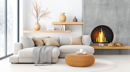 Wall Mural - Living room with cozy interior and modern decor featuring a stylish sofa and warm fireplace