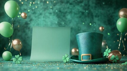 Fototapete - Fun composition highlighting empty paper banner flanked by cheerful balloons a stylish St Patrick's Day hat and playful clovers on a sparkling green background