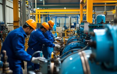 Industrial workers in a factory working on machinery.