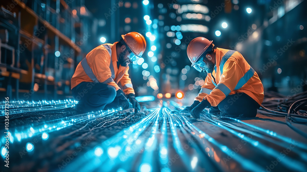 Ilustración de Stock Workers install fiber optic cables on an ...