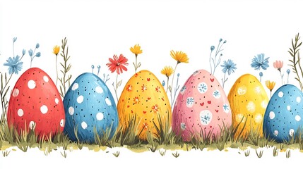 Poster - Fun Easter decoration handdrawn eggs in a seamless horizontal pattern featuring vibrant colors and whimsical designs Ideal for Easter banners wallpapers or cards with a cheerful theme