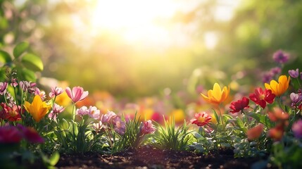 Poster - Gardening concept vibrant spring flowers and plants in bloom set against a sunny bright background Perfect space for text in this naturefilled scene capturing the essence of gardening