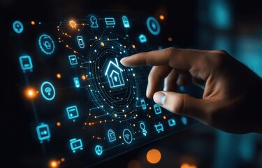 Poster - Businessman interacting with smart home technology interface illustrating modern digital innovation and futuristic connection
