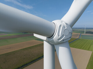 Close up view of wind turbine, Generation of green sustainable energy in The Netherlands.