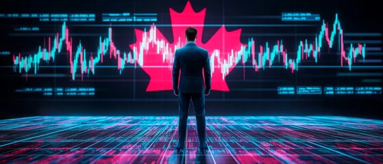 A businessman standing in front of a digital trading platform, economic growth, stock exchange with market chart, canada finance and economy. investment trends global challenges and opportunities.	 
