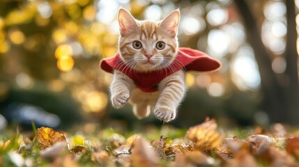 A cat wearing a red cape is flying through the air. The image has a playful and whimsical mood, as the cat is dressed up in a costume and he is having fun