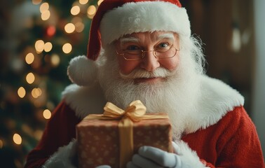 Close-up of a joyful Santa Claus holding a beautifully wrapped Christmas gift with a red ribbon, surrounded by 