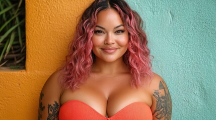 Poster - A woman with pink hair and tattoos is smiling at the camera. She is wearing a red bikini top and is posing for a photo