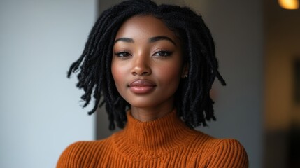 Poster - A woman with curly hair and a red sweater is smiling. She has a nice, warm, and inviting look on her face