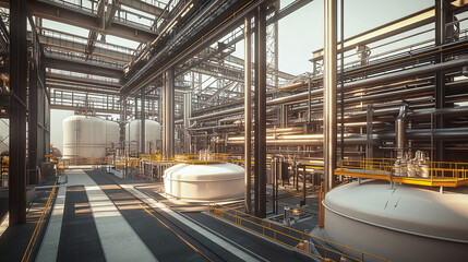 A sprawling industrial facility with large tanks and intricate piping systems. The metallic structures and vast network of pipes suggest energy production or manufacturing operations.