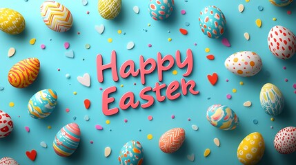 Poster - Happy Easter greeting text bold festive font with vibrant 3D colorful egg prints and patterns scattered around Perfect for a cheerful seasonal card design to celebrate the Easter holiday