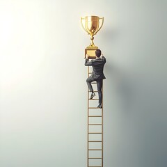 Wall Mural - Businessman Climbing Ladder of Progress Bars to Reach Trophy Goal