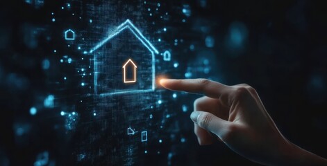 Poster - Hand touching digital hologram of a smart home interface on a futuristic screen
