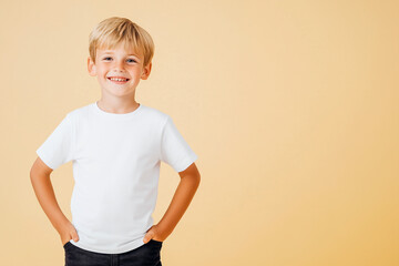 A young boy is smiling and standing with his arms crossed