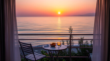 Soft pink and orange sky seen from a balcony, quiet and serene setting, peaceful evening.