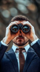 Businessman Using Binoculars to Achieve Long Term Objectives with Clarity and Vision