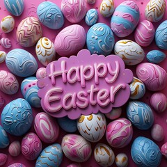Poster - Happy Easter greeting text the center surrounded by an array of 3D eggs with vibrant patterned designs making for a playful and festive holiday card perfect for celebrating Easter in style