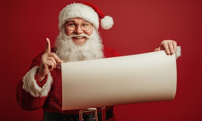 Happy Santa Claus holding a large paper scroll against a festive red background, ready to check his list for Christmas