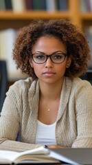 Wall Mural - A woman with curly hair is sitting at a desk with a book in front of her. She is wearing glasses and she is focused on her work