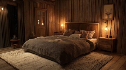 Poster - A cozy, rustic-style bedroom with wooden walls, a soft rug, and a large bed with fluffy pillows, creating a warm and inviting atmosphere.