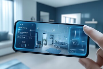 Poster - Modern smart home interface on smartphone controlling home automation in a cozy living room