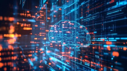 A creative rendering of AI and big data integration, with a CG brain processing information from cloud networks, representing the fusion of artificial intelligence, cyber systems