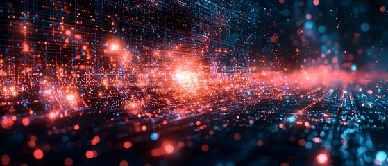 Poster - A mesmerizing digital landscape filled with glowing blue and orange particles, creating a sense of depth and motion, reminiscent of data streams in a futuristic setting.