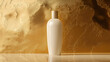 © AnasTruba - A minimalistic white bottle standing on a pastel concrete floor with a gold wall background, perfect for a product packaging layout or cosmetic branding