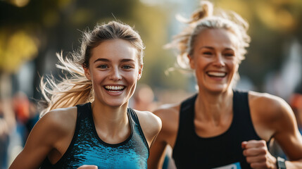 sport photography, Two caucasian women one younger one older, crossing the marathon finish line hand-in-hand, beaming with joy