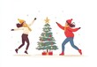 © Georgii - Joyful celebration as two people dance around a decorated Christmas tree with colorful gifts and festive snowflakes