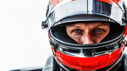 Motorcyclist wearing a helmet Ready to look ahead and have a white background.