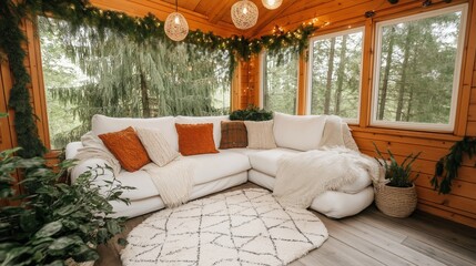 A warm and cozy sunroom featuring a white sofa with textured pillows and blankets, festive garlands, and large windows overlooking a forest, creating a serene and inviting space for relaxation