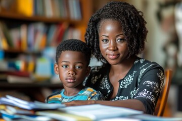 Single mother home schooling her son, Generative AI