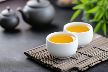 A minimalist tea setting featuring two white tea cups with warm tea on a bamboo mat, complemented by a black teapot and soft green leaves in the background, creating a calm and natural atmosphere