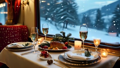 A cozy winter dining experience on a scenic train journey indulging in festive delights amidst snowy landscapes