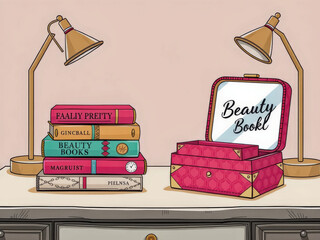 A stack of books and a pink beauty box sit on a table. The books are titled 