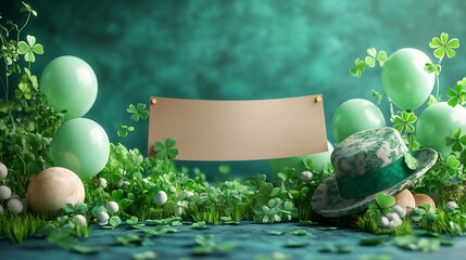 Poster - Lively arrangement featuring empty paper banner flanked by delightful balloons a whimsical hat and a burst of shamrocks on a sunny spring morning
