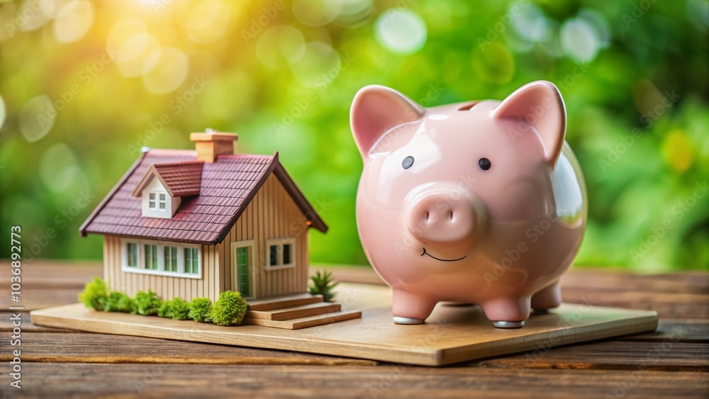 A miniature piggy bank with coins sits on a small model house ...