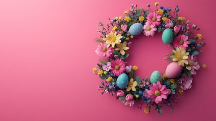 Poster - Lively flat lay of beautifully arranged Easter wreath made of bright spring flowers and playful eggs showcasing a natural round frame with ample space for a personalized greeting card in the middle