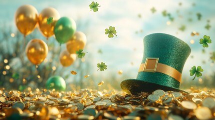 Poster - Lively scene showcasing empty paper banner set against a backdrop of shimmering gold coins a stylish St Patrick's Day hat and vibrant balloons intertwined with clovers