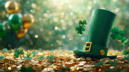 Poster - Lively scene showcasing empty paper banner set against a backdrop of shimmering gold coins a stylish St Patrick's Day hat and vibrant balloons intertwined with clovers