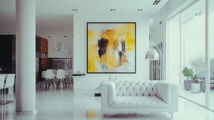 Poster - A luxurious white apartment interior with a spacious living area, featuring a white leather sofa, a large abstract painting, and an open dining area with modern white chairs.