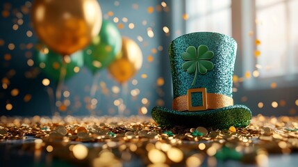 Poster - Lively scene showcasing empty paper banner set against a backdrop of shimmering gold coins a stylish St Patrick's Day hat and vibrant balloons intertwined with clovers